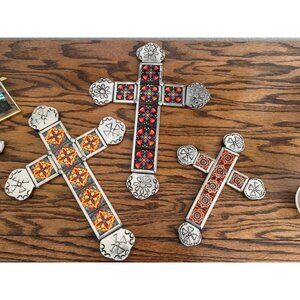 Handmade THREE Mexican Talavera Wall Crosses Home Decor